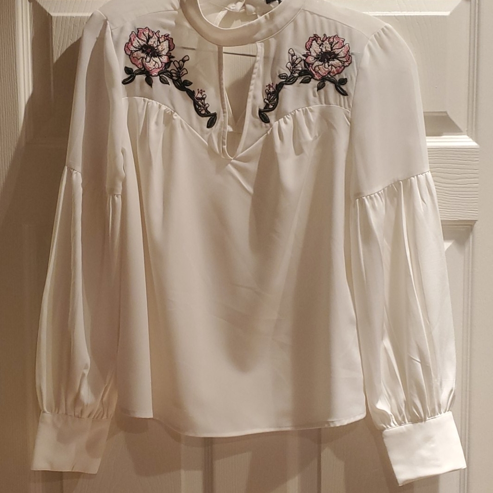 XOXO White Blouse Pink Rose Embroidery